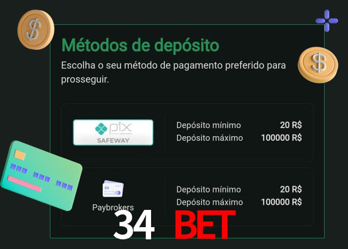 O cassino 34 Bet oferece uma grande variedade de métodos de pagamento